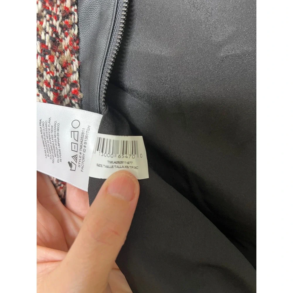 BCBG MAX AZRIA Tweed Jacket Faux Leather Sleeves Womens XS Red Black Zip